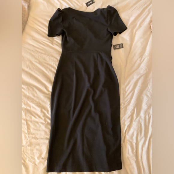 NWT Black Express V-Neck Faux Wrap Sheath Midi Dress - Picture 3 of 5